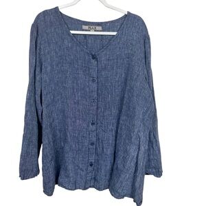 Flax Women's Linen Chambray Blue Button Front Top L